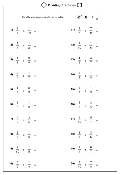 Dividing Fractions Worksheet for 5th - 8th Grade | Lesson Planet