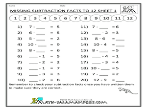 Missing Subtraction facts to 12 sheet 1 Worksheet for 1st - 2nd Grade ...