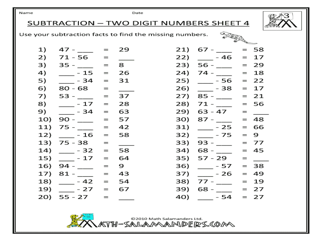 Subtraction-2-Digit Numbers, Sheet 4 Worksheet for 2nd - 3rd Grade ...