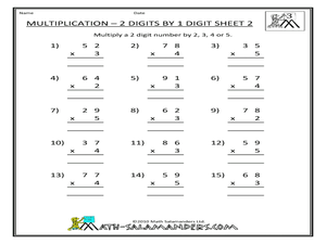 Multiplication-2 Digits by 1 Digit, Sheet 2 Worksheet for 2nd - 3rd ...