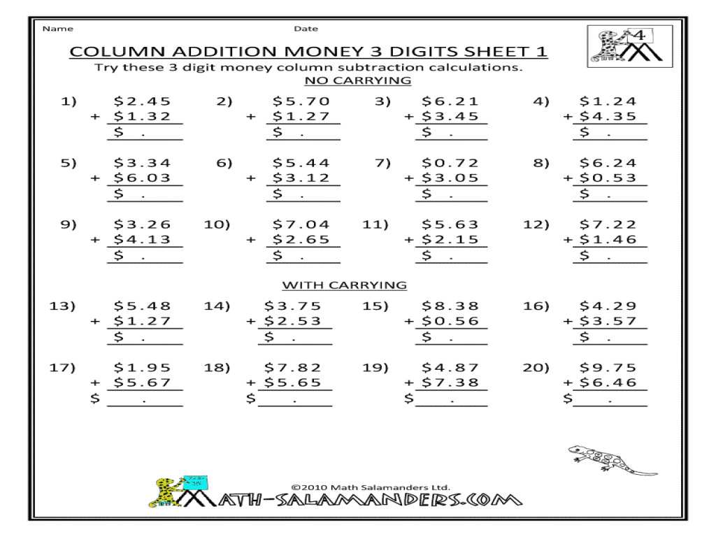 Money Addition-3-Digits Worksheet for 2nd - 4th Grade | Lesson Planet