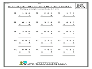 Multiplication - 3 Digits by 1 Digit Sheet #1 Worksheet for 3rd - 4th ...