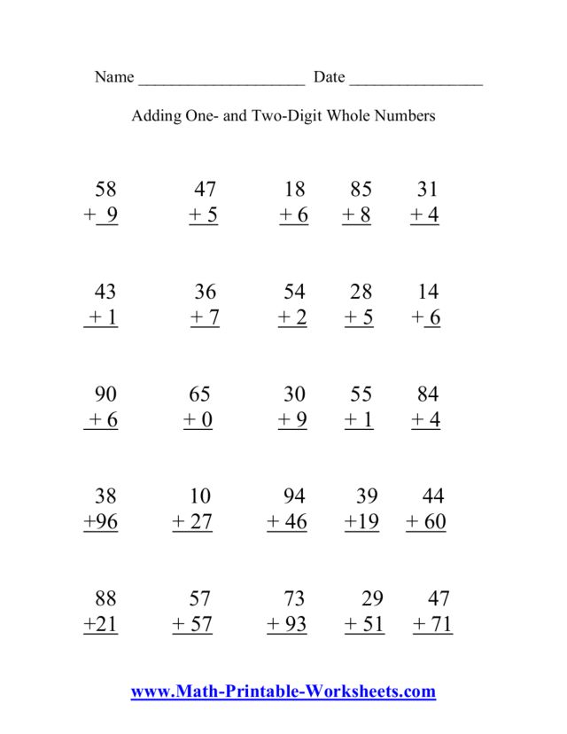 Adding One- and Two-Digit Whole Numbers Worksheet for 2nd - 6th Grade ...