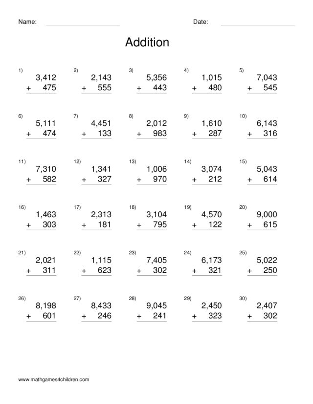 Addition: 3-Digits and 4-Digits Worksheet for 2nd - 3rd Grade | Lesson ...