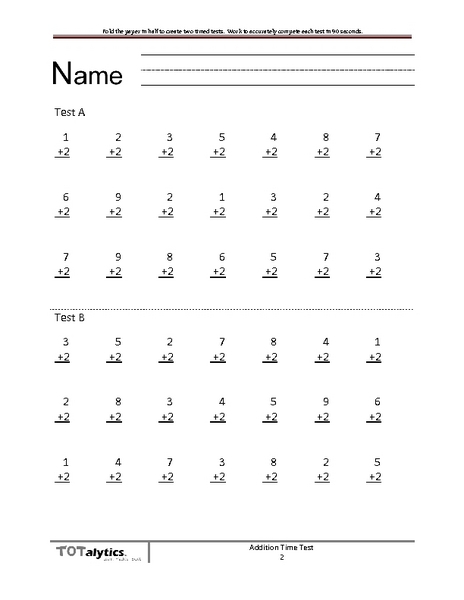 Addition Timed Test Worksheet for Kindergarten - 2nd Grade | Lesson Planet