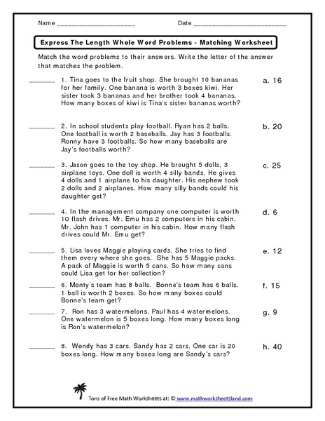 Express The Length Whole Word Problems Worksheet for 1st - 2nd Grade ...