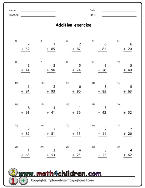 Addition Exercise Worksheet for 2nd - 4th Grade | Lesson Planet