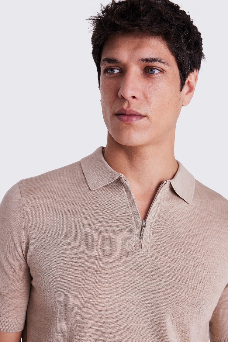 Camel Merino Quarter Zip Polo Shirt