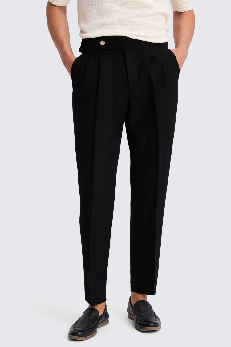 Black Wool Linen Pleated Trousers