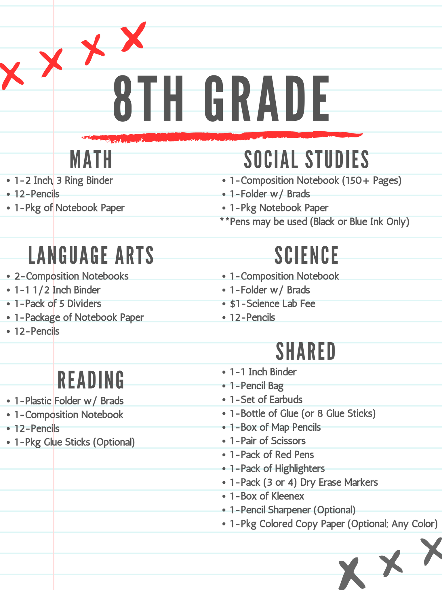 8th Grade Supply List