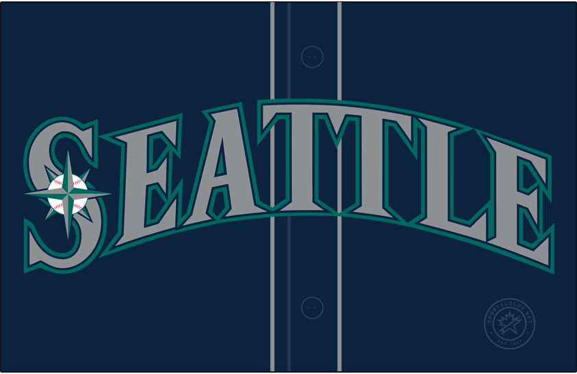 Seattle Mariners Logo Jersey Logo (1999-2000) - Seattle in navy with teal and white outlines on navy (compass star in S) SportsLogos.Net