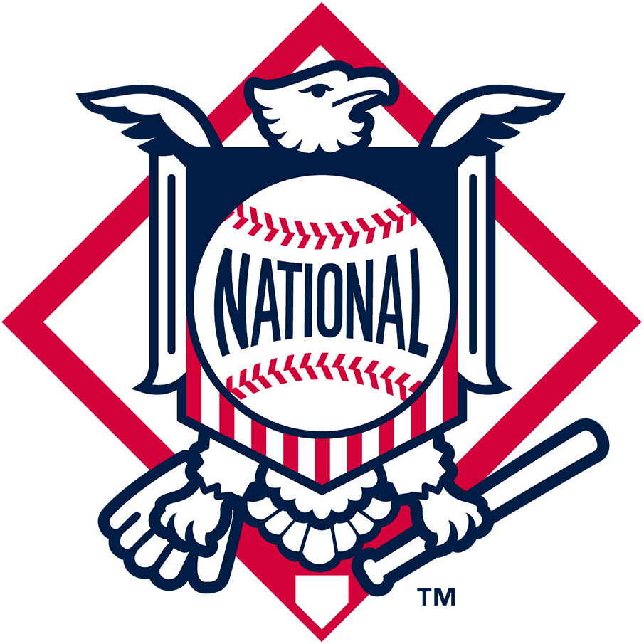  National League Logo Alternate Logo (2019-Pres) - For its alternate logo, the National League uses a simplified version of their primary mark. The eagle clutching the bat and glove remain but the stars and stripes have been removed and simply  NATIONAL rather than the full league name is shown. This logo is used for embroidery or print when display is between half an inch to 3 and a half inches tall. In 2019 the colours were darkened to match the MLB logo. SportsLogos.Net