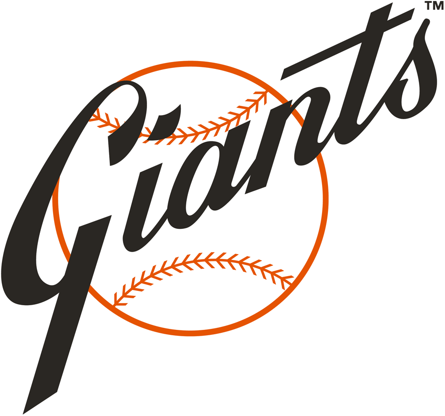 San Francisco Giants Logo Primary Logo (1958-1967) - Giants in black scripted diagonally on a white and orange baseball SportsLogos.Net