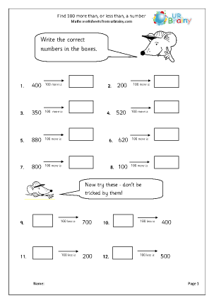 100 more or less - Number and Place Value by URBrainy.com