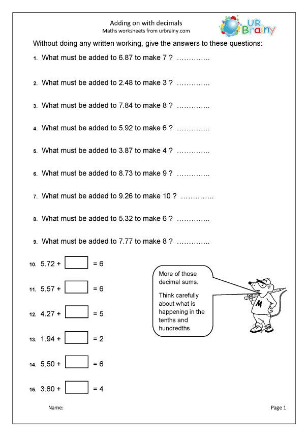 Adding on with decimals - Addition for Year 6 (age 10-11) by URBrainy.com