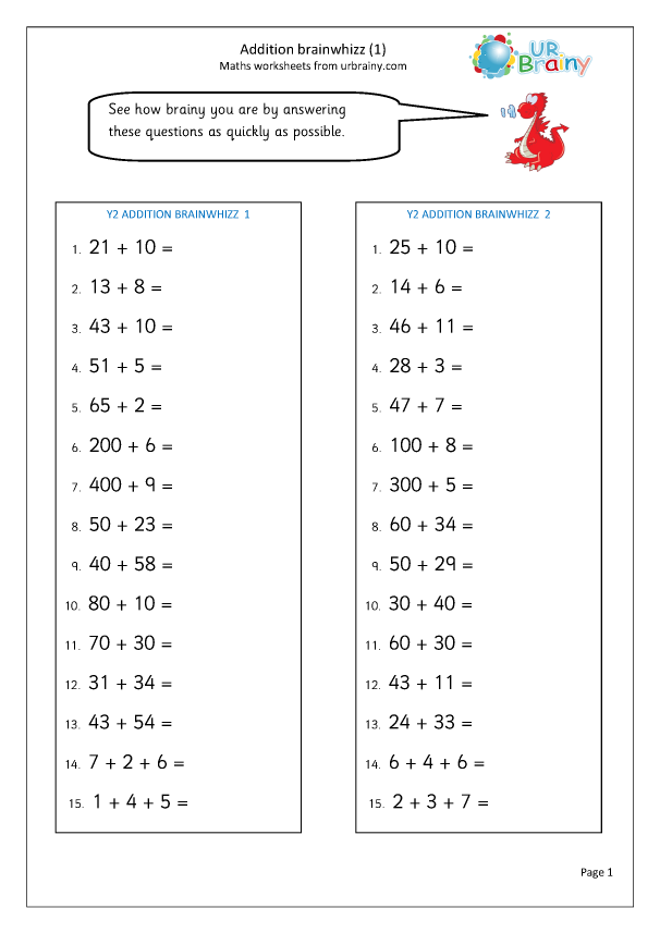 Addition Brainwhizz (1) - Addition Year 2 (aged 6-7) by URBrainy.com