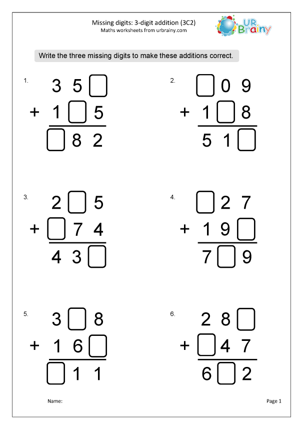 Addition: missing digits (3C2) - Reasoning Paper: Calculations by ...