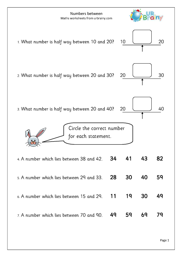 Number half way between two others - Number and Place Value by URBrainy.com image.