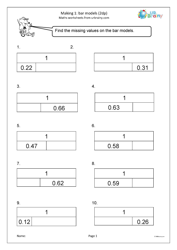 Bar models for making 1 (2dp) - Fraction and Decimal Worksheets for ...