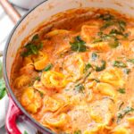 tomato tortellini soup with spinach in a dutch oven