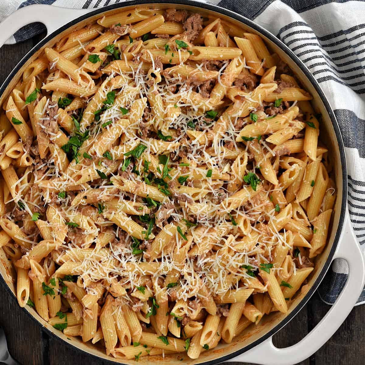 Looking down on Stove Top Pastitsio in a large skillet.