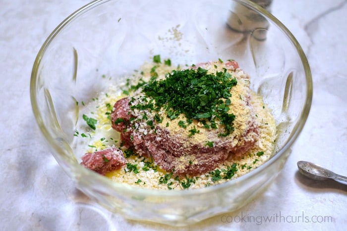 Pork sausage, parsley, panko crumbs, egg, and seasonings in a large bowl.