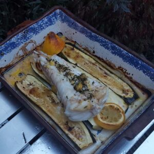 Baked monkfish and courgette