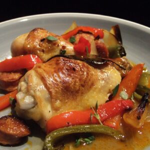 Baked chicken leg with chorizo and bell pepper