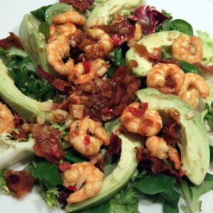 Avocado, pancetta and prawn salad