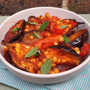 Baked baby aubergine with chickpeas