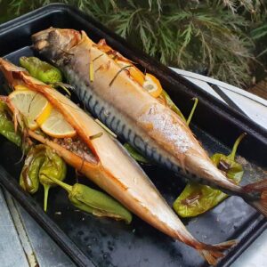 Herby baked mackerel with padron peppers