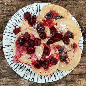 Almond pancakes with sour cherry sauce