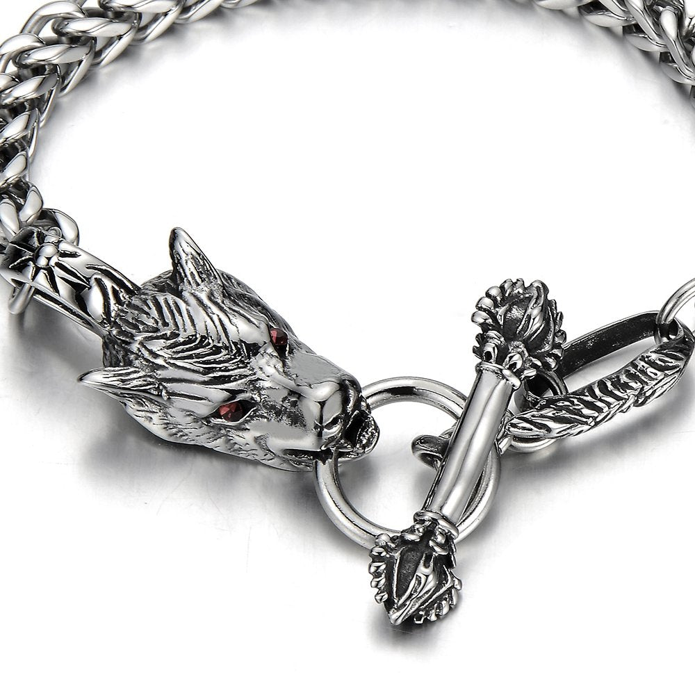 Mens Biker Gothic Stainless Steel Wolf Curb Chain Bracelet with Red ...