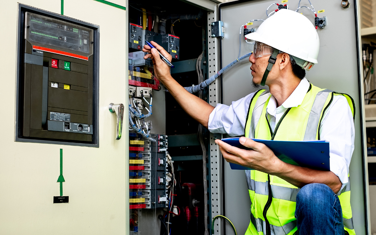 An Electrician Wearing a Hard Hat Holds a Clipboard and Points to Electrical Equipment.