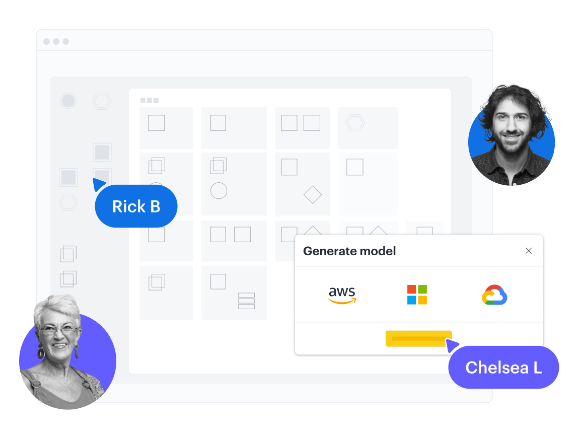 A conceptual image of a cloud model being generated in Lucidscale with options for AWS, Azure, and Google Cloud