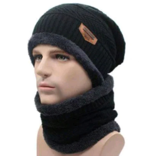 Black Woolen Cap With Scarf