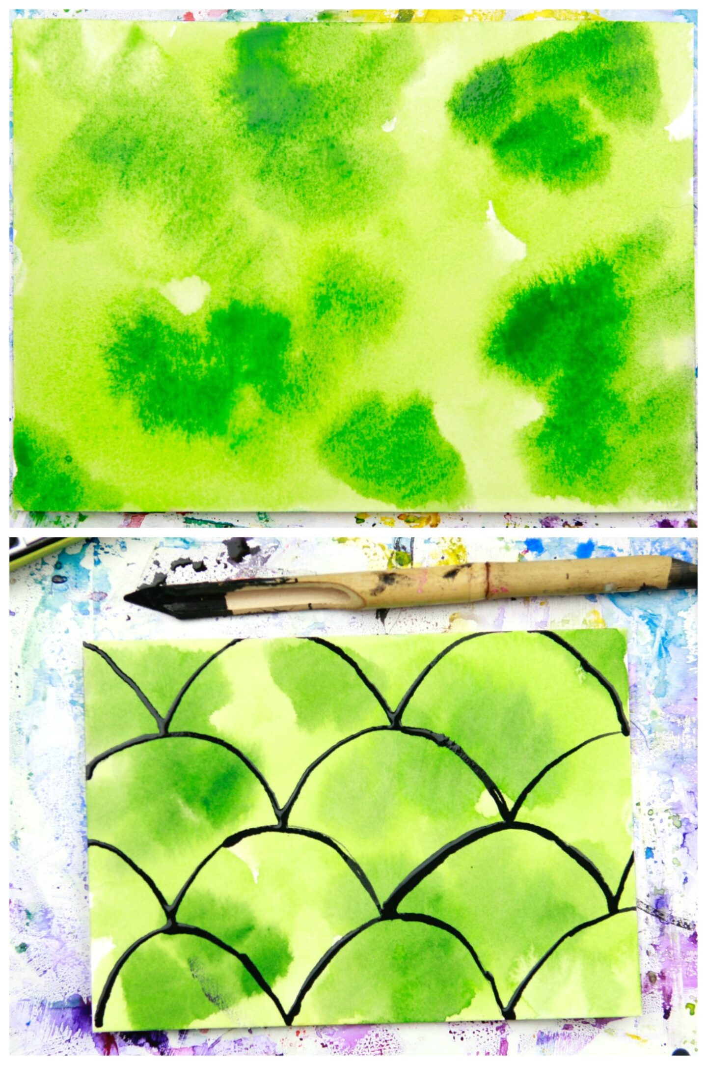 wet green watercolor background with ink design drawn over