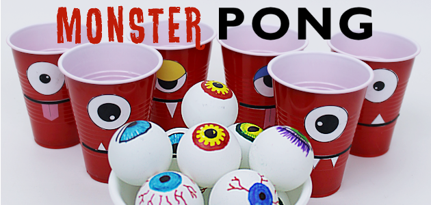 Make a creepy fun monster eye pong party game with plastic cups & ping pong balls. (Beer pong was never this awesome.) Kids & adults alike will love it!