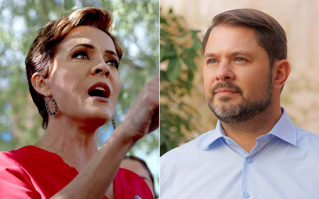 U.S. Senate Republican nominee Kari Lake on the left and U.S. Rep. Ruben Gallego of Phoenix on the right.