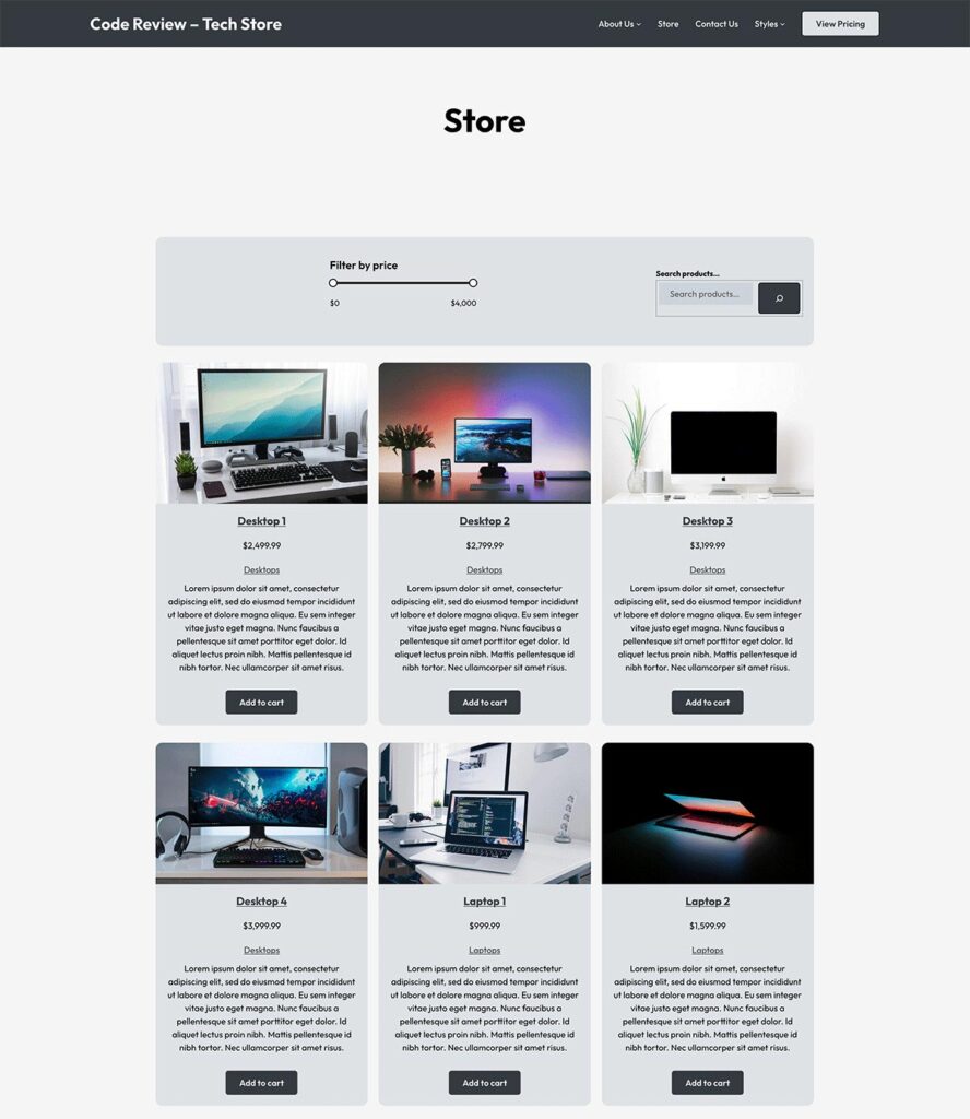 Screenshot of the store page from the Code Review Tech Store demo site