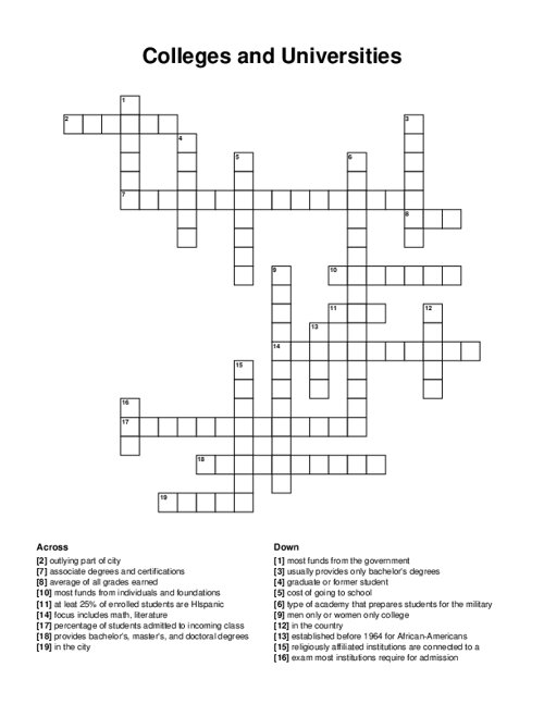 Colleges and Universities Crossword Puzzle