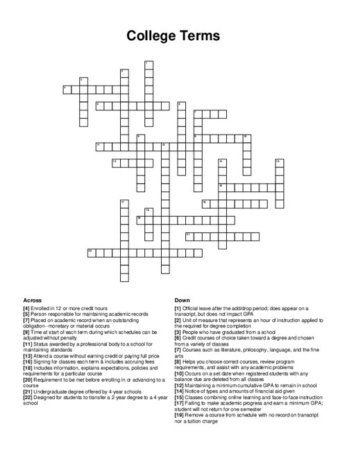 College Terms Crossword Puzzle