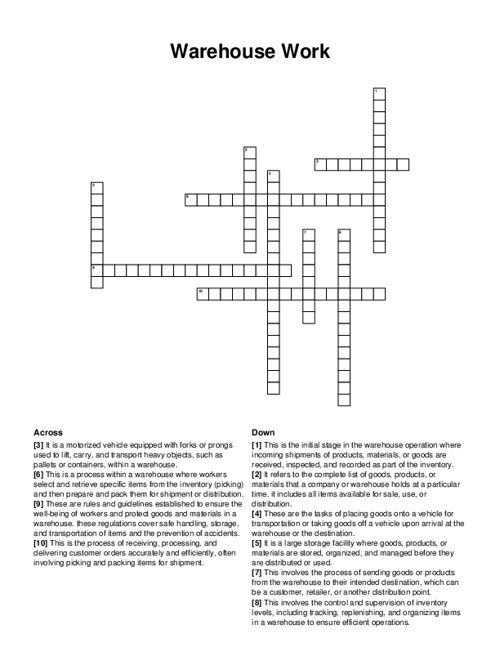 Warehouse Work Crossword Puzzle