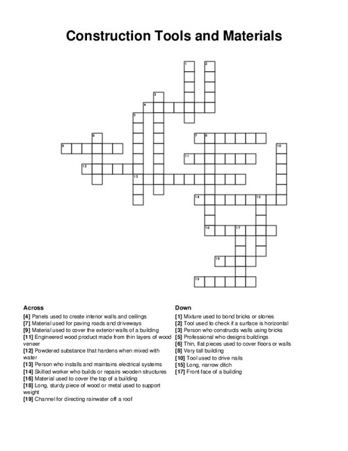 Construction Tools and Materials Crossword Puzzle