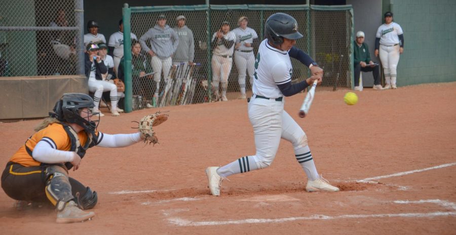 Swinging to hit the ball is infielder Lana Pigeon, a sophomore from Oklahoma City, Oklahoma. So far overall Pigeon has two hits and two runs.