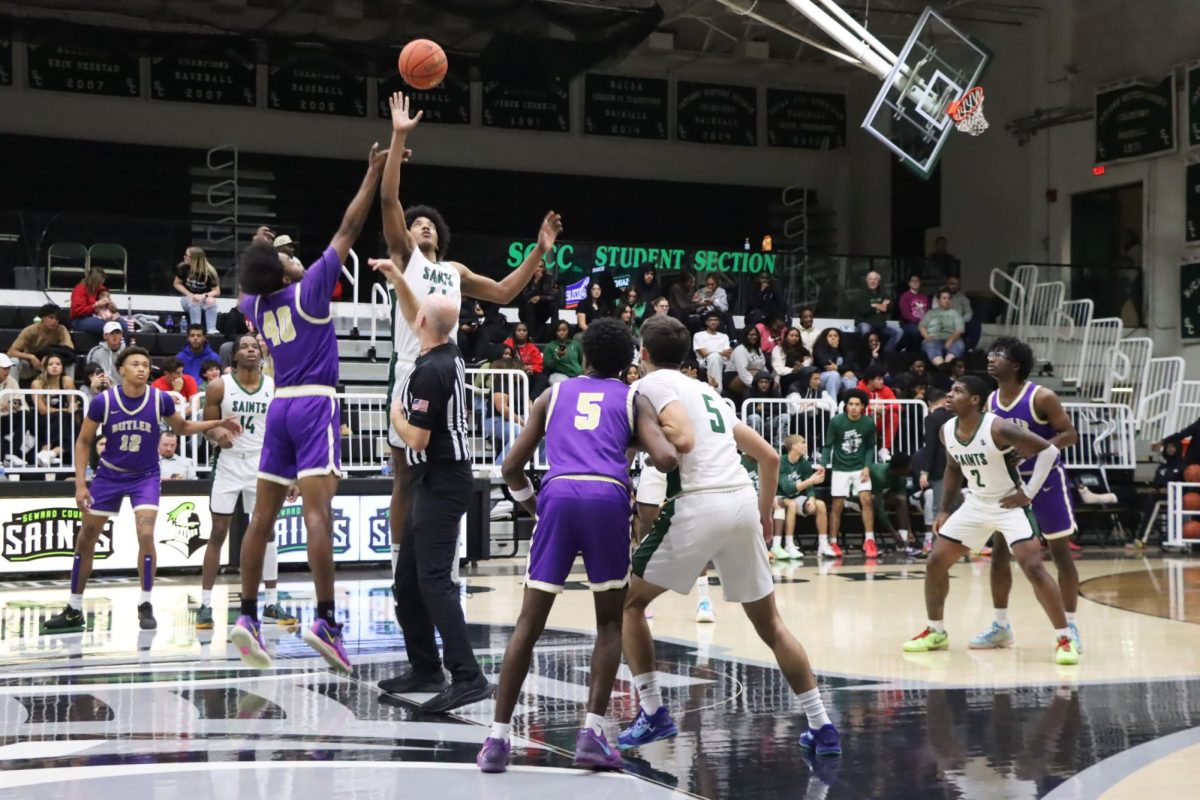 Sophomore center Lovasoa Andriatsarafara wins the tip-off, giving the Saints the ball first. The Saints ended with 33 points in the first half. 