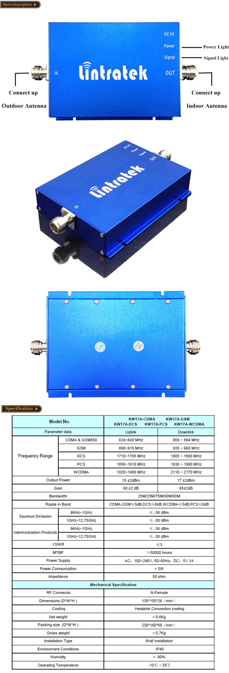 65db Gain GSM 900mhz Signal Booster Cell Phone Signal Repeater GSM 900 Signal Amplifier KW17A GSM