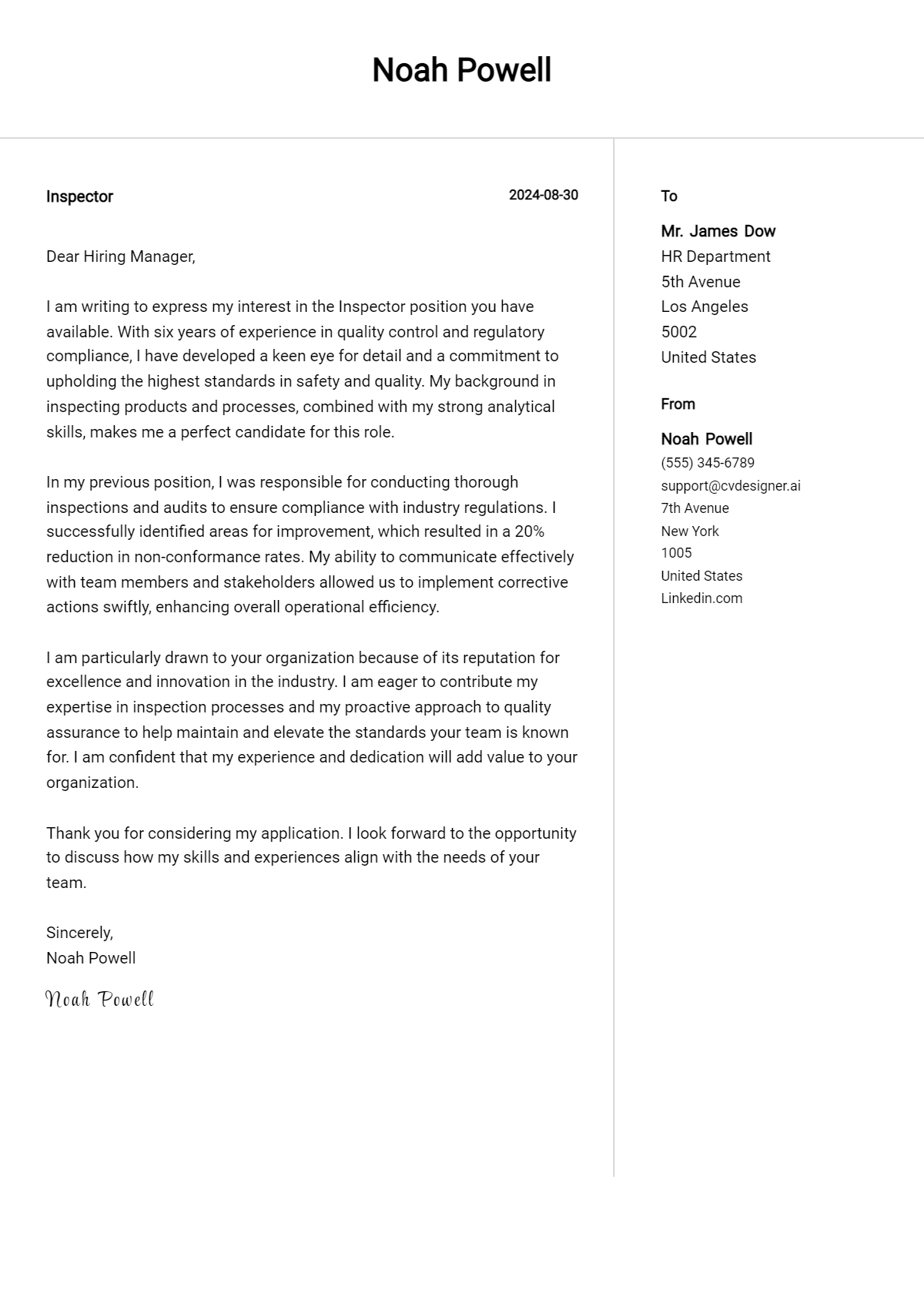 Inspector Cover Letter Examples and Templates for 2024 - CVDesigner.ai