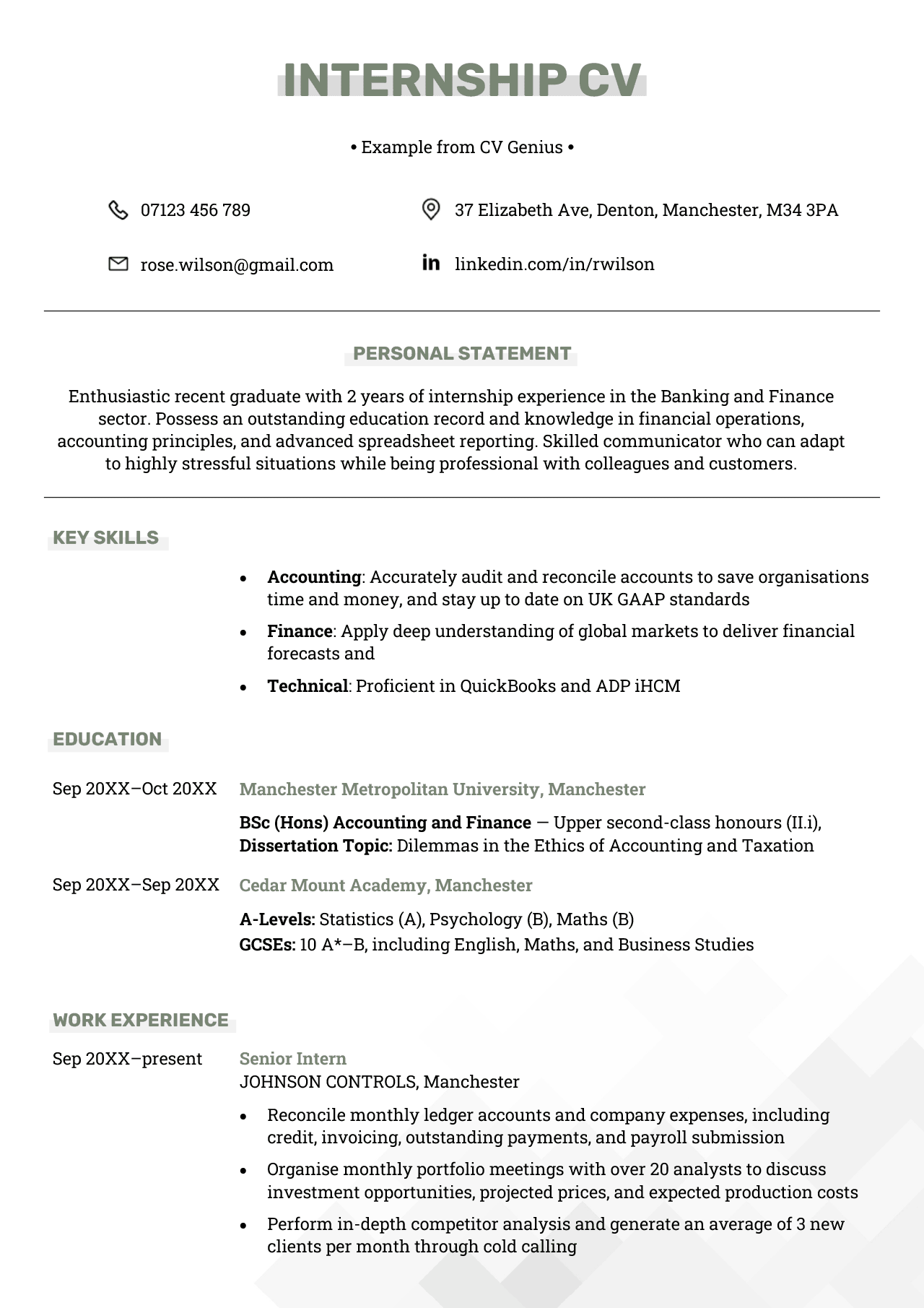 Sample Student Resume For Internship