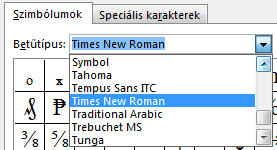 A Szimbólumok lapon keresse meg a betűtípust.